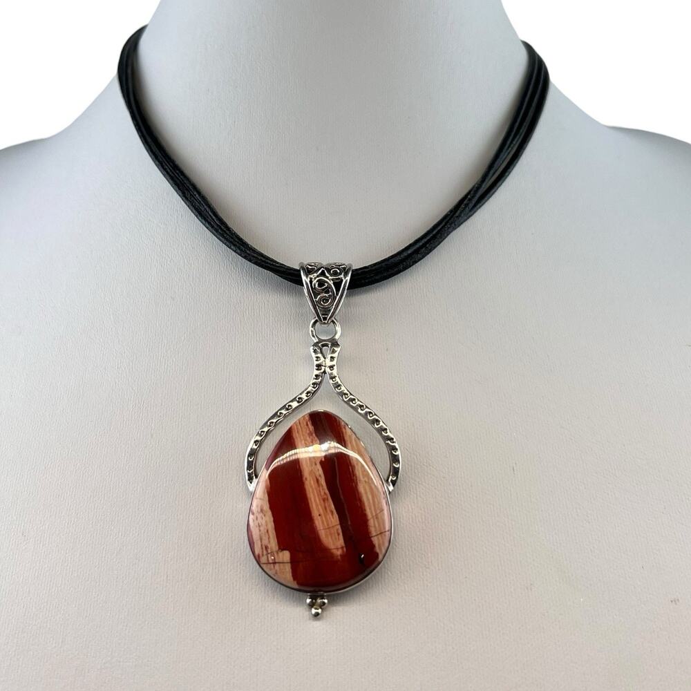 Leather Cord 16-18" Sterling Silver Necklace 2.75" Red Jasper Pendant